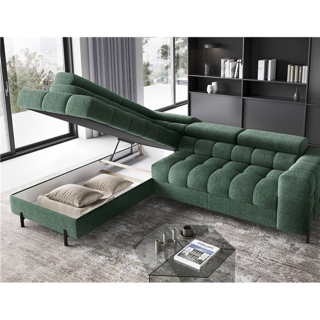Corner sofa Elferucce L, sleeping function, Amore 35, bouclé, dark green, H93x200x276cm