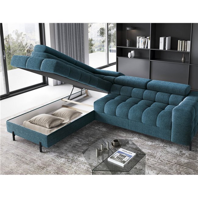Corner sofa Elferucce L, sleeping function, Amore 40, bouclé, dark blue, H93x200x276cm