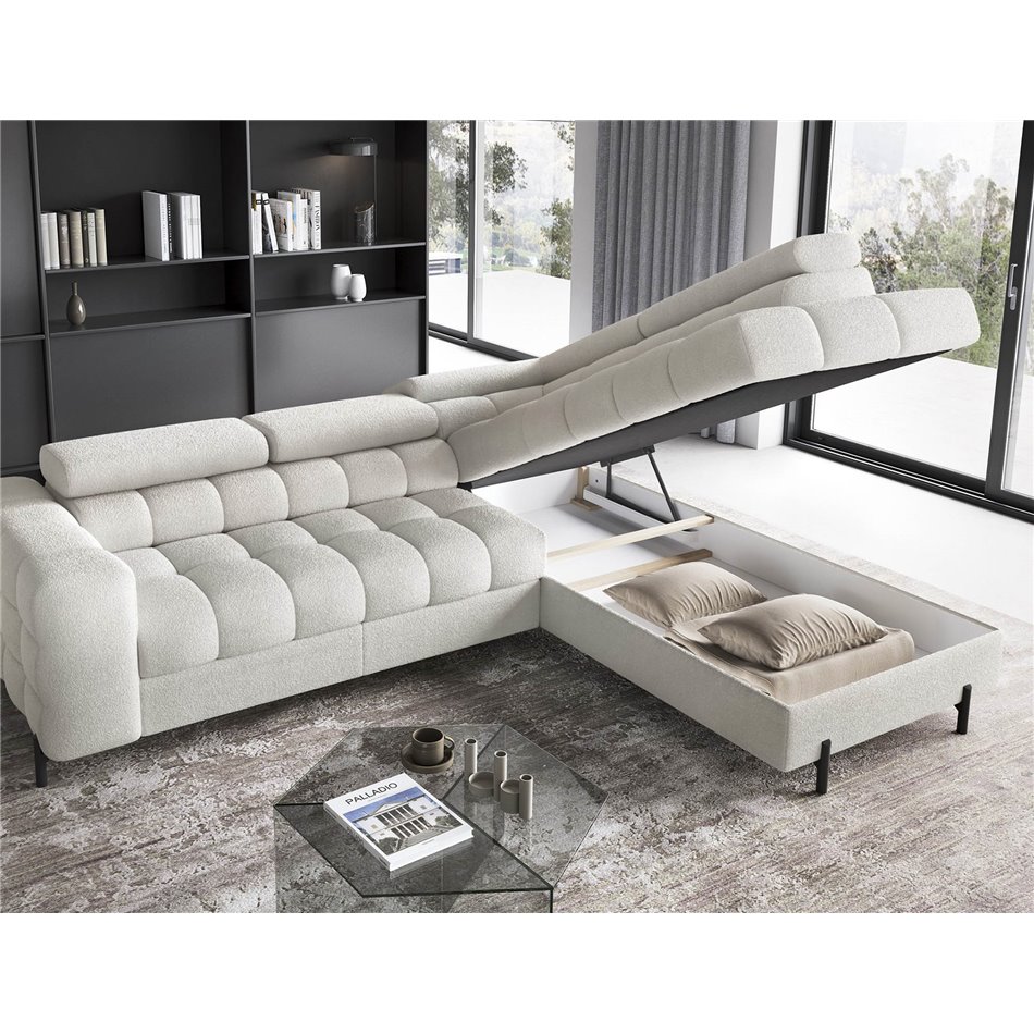 Corner sofa Elferucce R, sleeping function, Amore 01, bouclé, white, H93x200x276cm