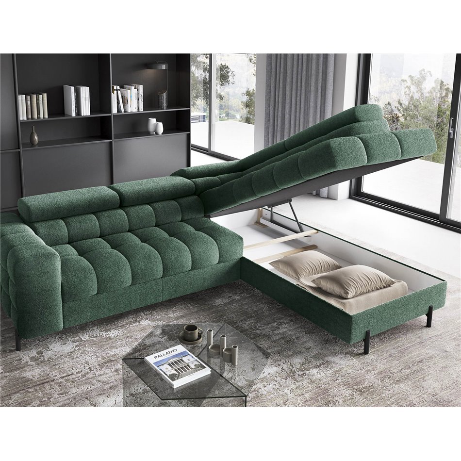 Corner sofa Elferucce R, sleeping function, Amore 35, bouclé, dark green, H93x200x276cm