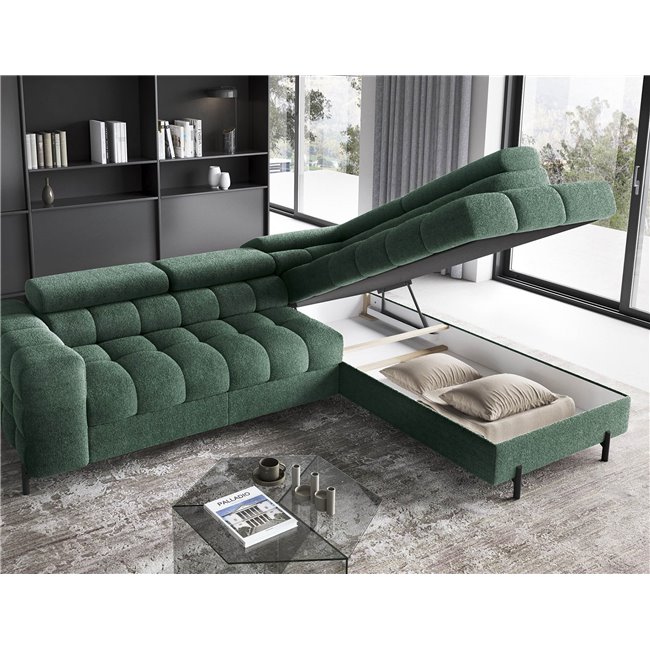 Corner sofa Elferucce R, sleeping function, Amore 35, bouclé, dark green, H93x200x276cm