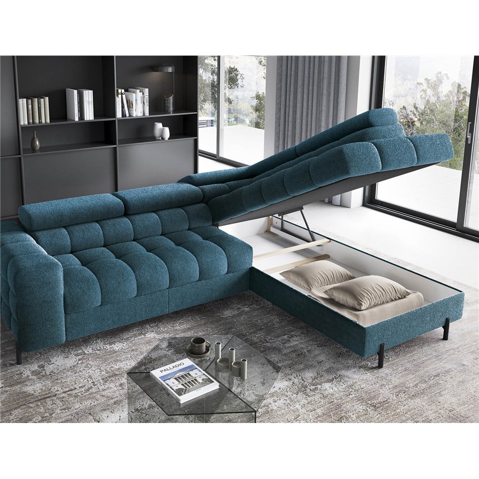 Corner sofa Elferucce R, sleeping function, Amore 40, bouclé, dark blue, H93x200x276cm