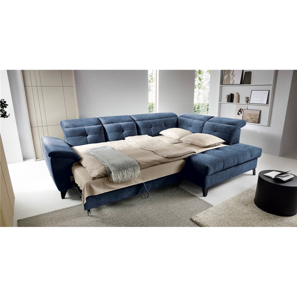 Corner sofa Elinferne R, sleeping function, Aura 40, velvet, dark blue, H107x210x297cm