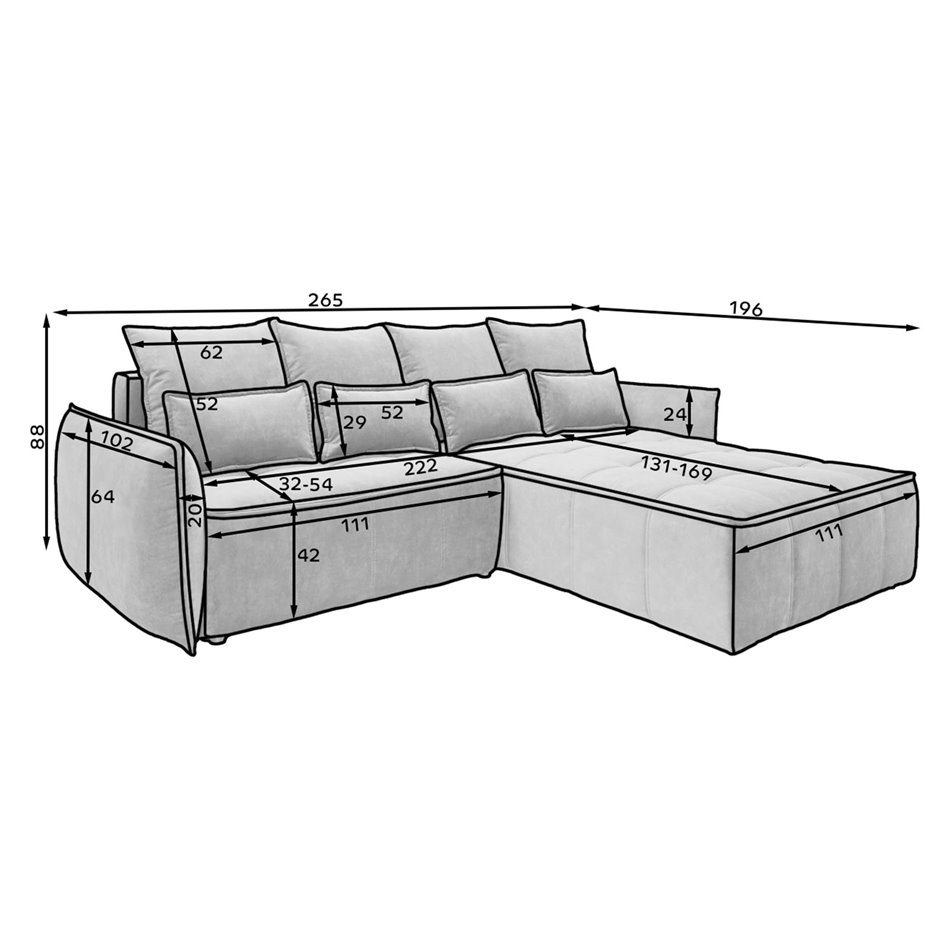 Corner sofa Elkampo L, sleeping function, Manhattan 40, velvet, dark blue, H88x196x265cm
