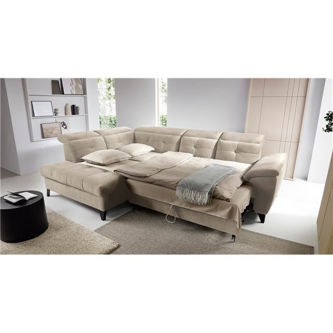 Corner sofa Elinferne L, sleeping function, Aura 18, velvet, beige, H107x210x297cm