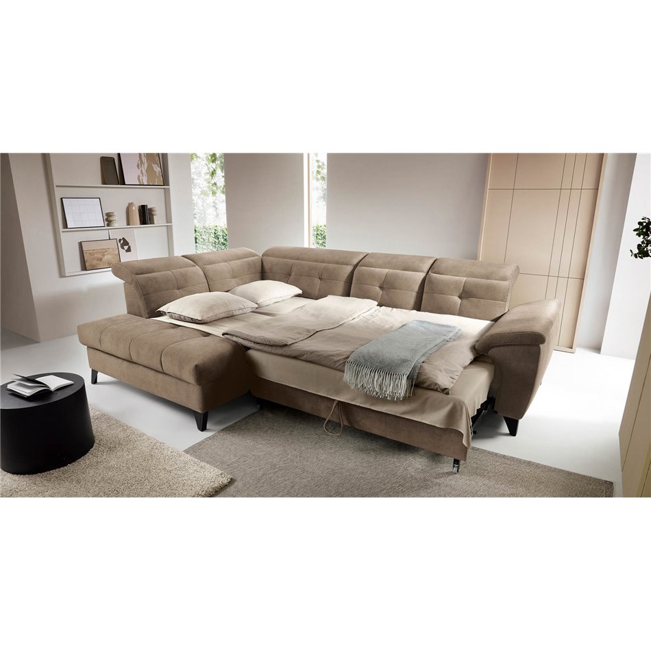 Corner sofa Elinferne L, sleeping function, Aura 20, velvet, dark beige, H107x210x297cm