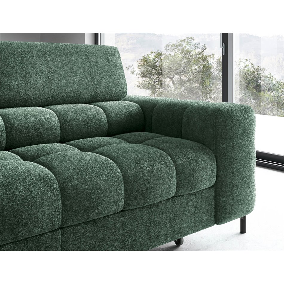 Corner sofa Elferucce L, sleeping function, Amore 35, bouclé, dark green, H93x200x276cm