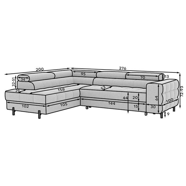 Corner sofa Elferucce L, sleeping function, Amore 40, bouclé, dark blue, H93x200x276cm