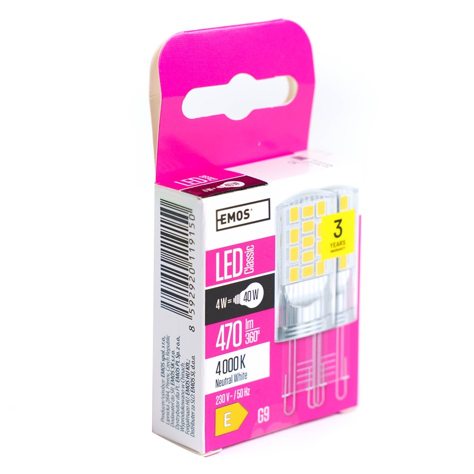 LED Bulb neutral white, G9 4W, 470lm, 4000K, H6x2x5cm, set of 2 pcs.