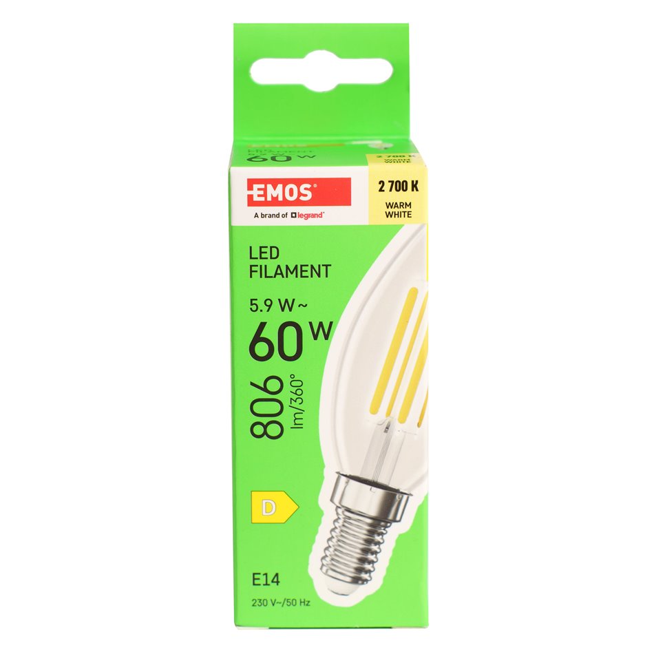 LED Bulb warm white, E14 5.9W, 806lm, 2700K, H9.7x3.5x3.5cm