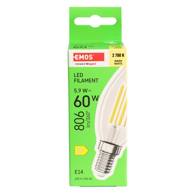 LED Bulb warm white, E14 5.9W, 806lm, 2700K, H9.7x3.5x3.5cm
