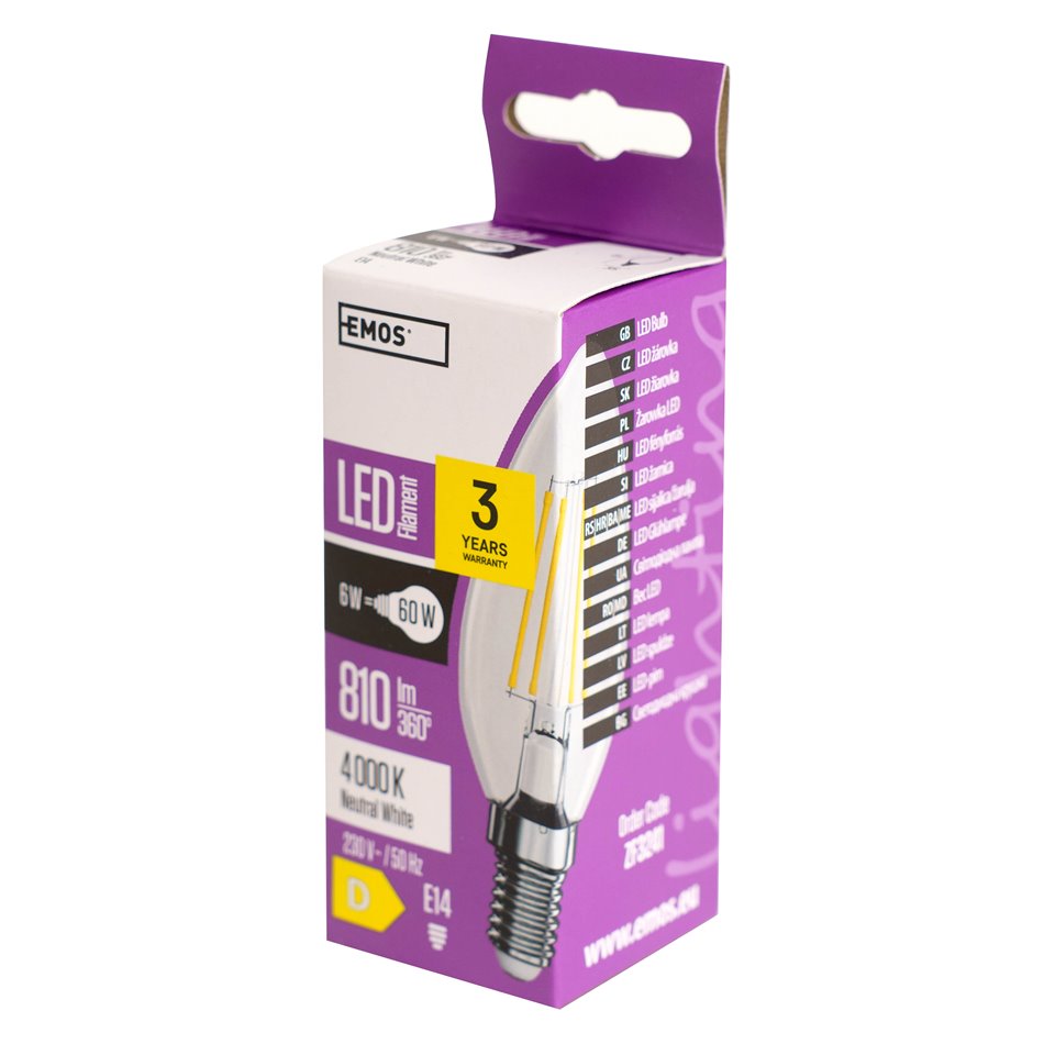LED bulb neutral white, E14 6W, 810lm, 4000K, H10cm D3.5cm