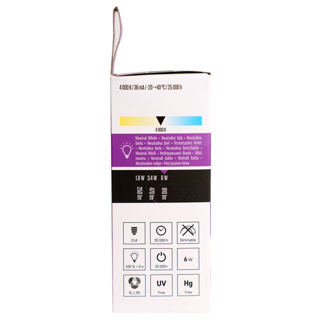 LED bulb neutral white, E14 6W, 810lm, 4000K, H10cm D3.5cm