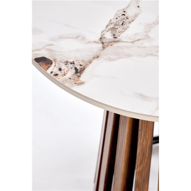 Coffee table Harina, beige marble/walnut color, sintered stone/MDF, D50cm, H51cm 