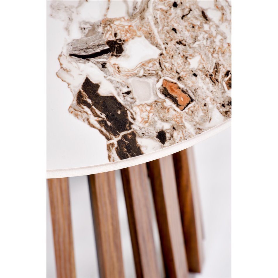 Coffee table Harina, beige marble/walnut color, sintered stone/MDF, D50cm, H51cm 