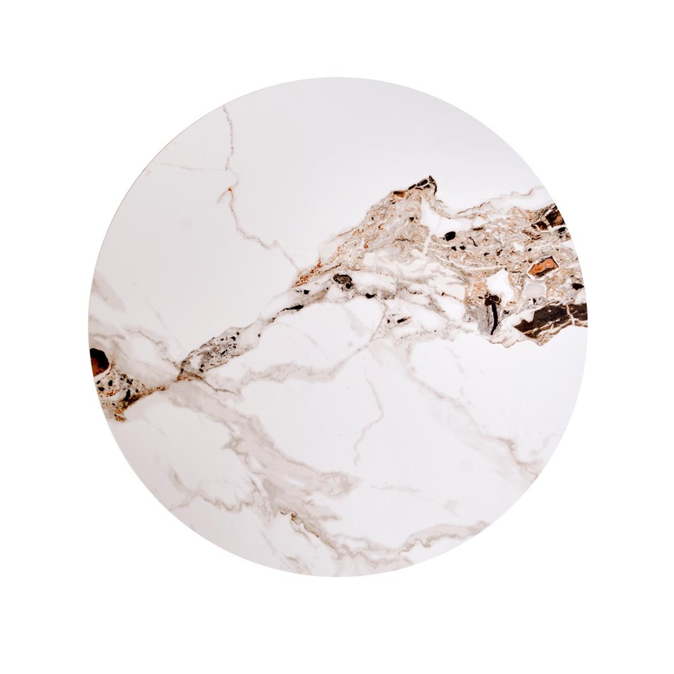 Coffee table Harina, beige marble/walnut color, sintered stone/MDF, D50cm, H51cm 