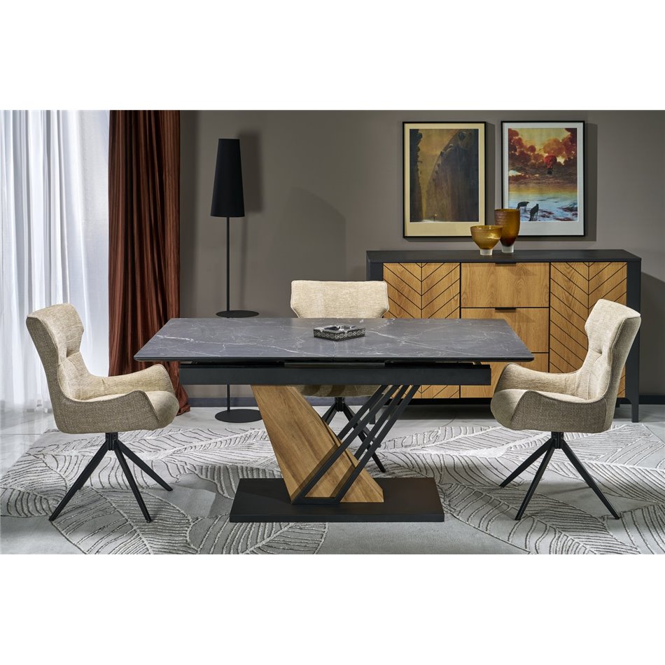 Extendable dining table Holant, black/oak pattern/gold colors,, 140-180x90cm H76cm 