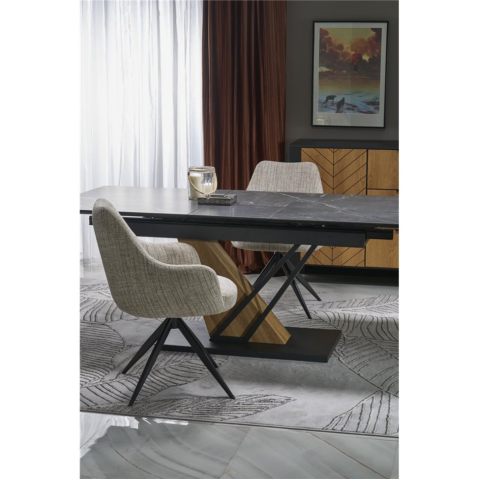 Extendable dining table Holant, black/oak pattern/gold colors,, 140-180x90cm H76cm 