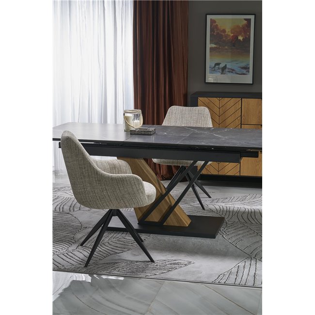 Extendable dining table Holant, black/oak pattern/gold colors,, 140-180x90cm H76cm 