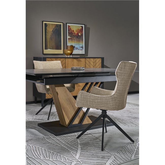 Extendable dining table Holant, black/oak pattern/gold colors,, 140-180x90cm H76cm 