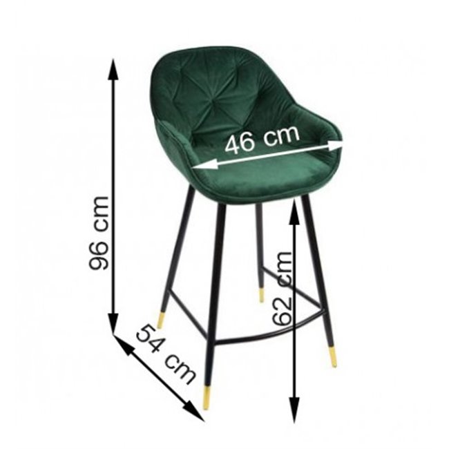 Bar chair Salorino, green, velvet, H96x46x54cm, seat height 62cm
