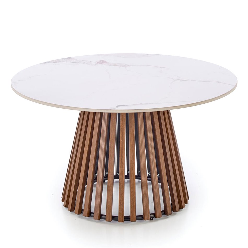 Coffee table Harina, beige marble/walnut color, sintered stone/MDF, D80cm, H46cm 