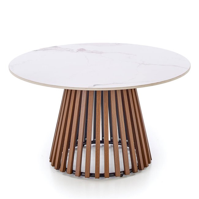 Coffee table Harina, beige marble/walnut color, sintered stone/MDF, D80cm, H46cm 