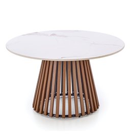 Coffee table Harina, beige marble/walnut color, sintered stone/MDF, D80cm, H46cm 