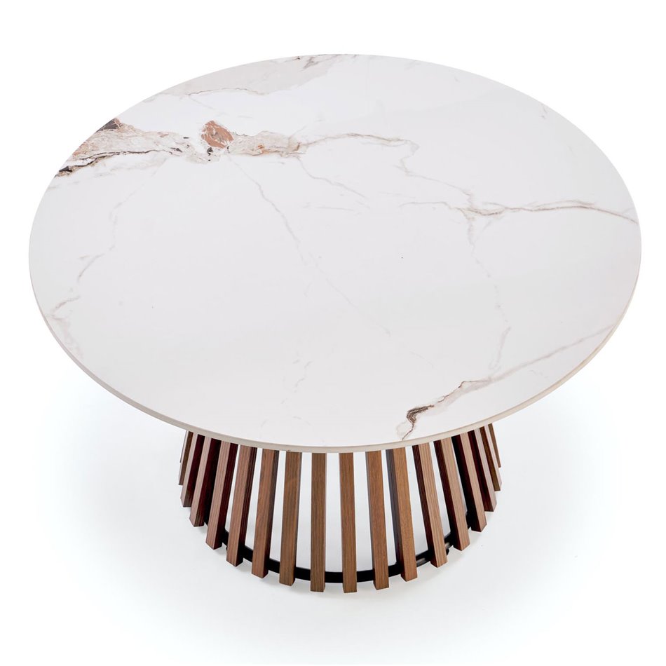 Coffee table Harina, beige marble/walnut color, sintered stone/MDF, D80cm, H46cm 