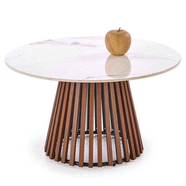 Coffee table Harina, beige marble/walnut color, sintered stone/MDF, D80cm, H46cm 