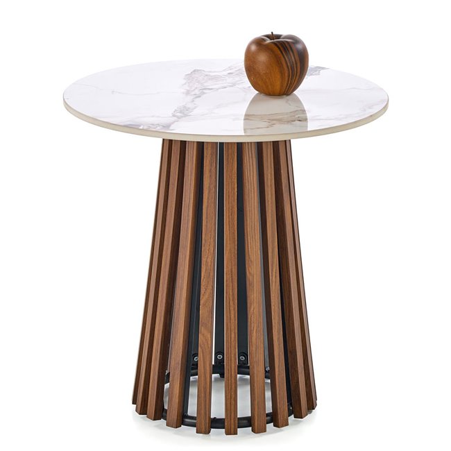 Coffee table Harina, beige marble/walnut color, sintered stone/MDF, D50cm, H51cm 