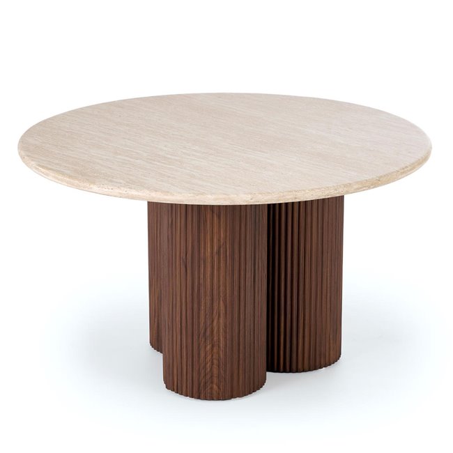 Coffee table Horotea M, travertine/walnut color, MDF, D80cm, H46cm 