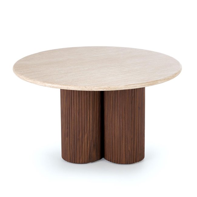Coffee table Horotea M, travertine/walnut color, MDF, D80cm, H46cm 