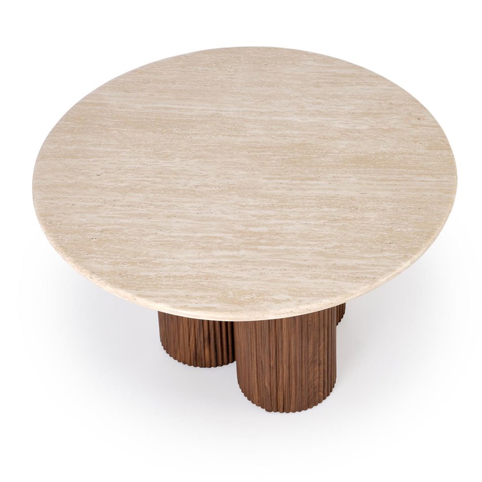 Coffee table Horotea M, travertine/walnut color, MDF, D80cm, H46cm 