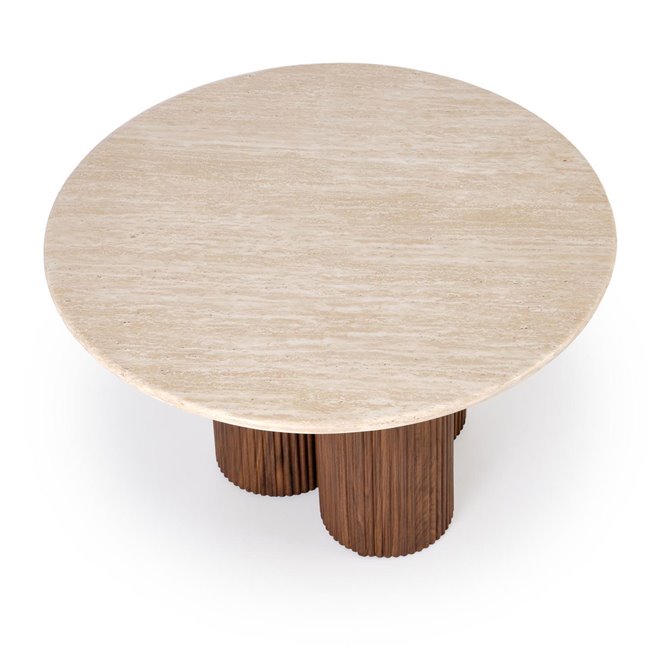 Coffee table Horotea M, travertine/walnut color, MDF, D80cm, H46cm 