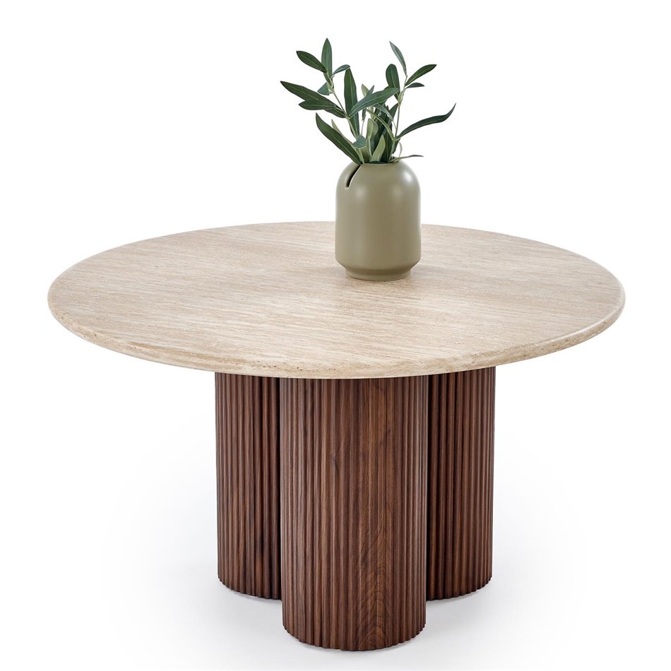 Coffee table Horotea M, travertine/walnut color, MDF, D80cm, H46cm 