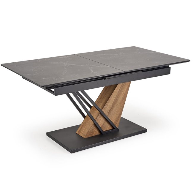 Extendable dining table Holant, black/oak pattern/gold colors,, 140-180x90cm H76cm 
