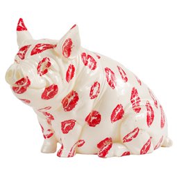 Money bank Squating pig, white/red, H12.5x17x11cm