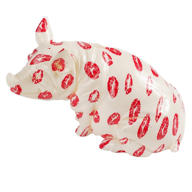 Money bank Squating pig, white/red, H12.5x17x11cm