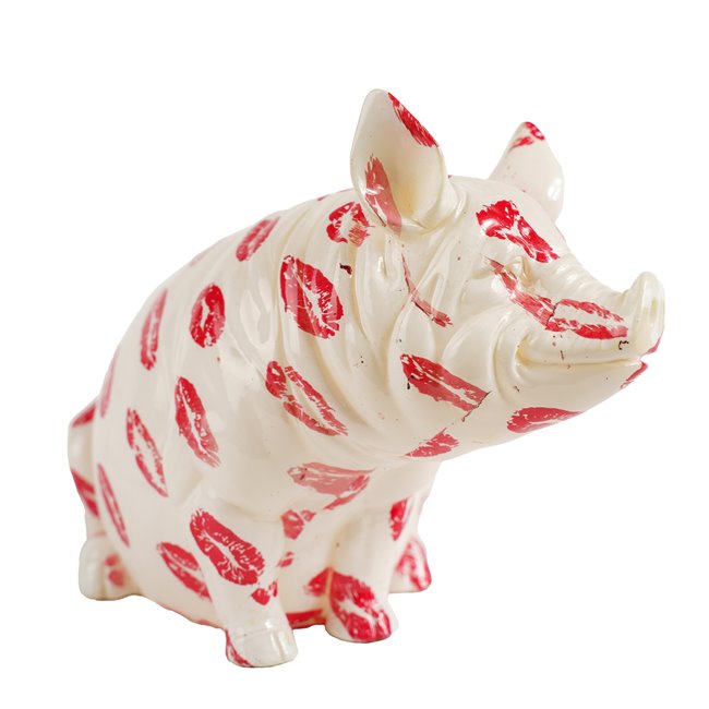 Money bank Squating pig, white/red, H12.5x17x11cm