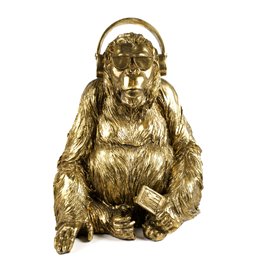 Deco figurine Gorilla listen music, gold color, H43x24x26cm
