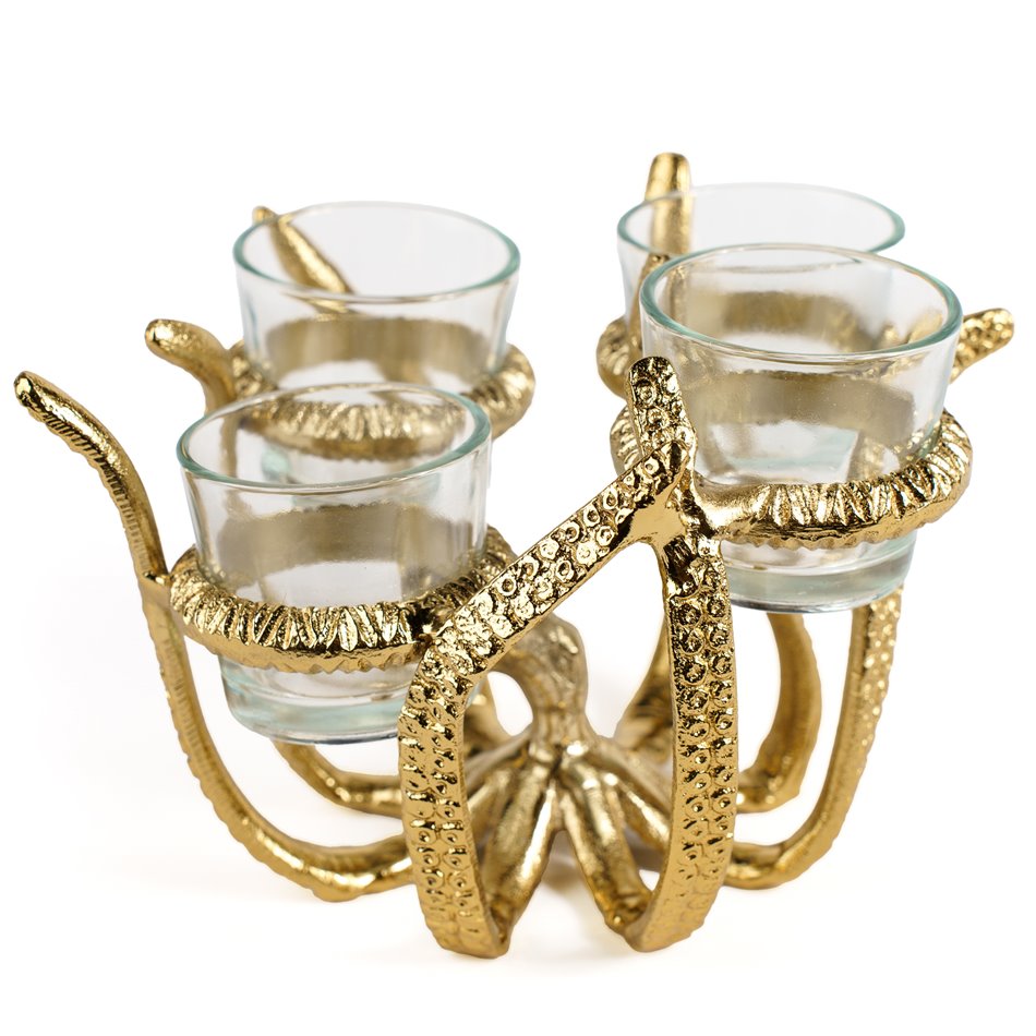 Candle holder Octopus, aluminum/glass, gold color, H13.5x17x17cm
