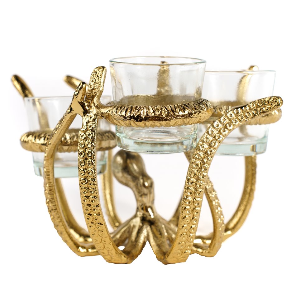 Candle holder Octopus, aluminum/glass, gold color, H13.5x17x17cm