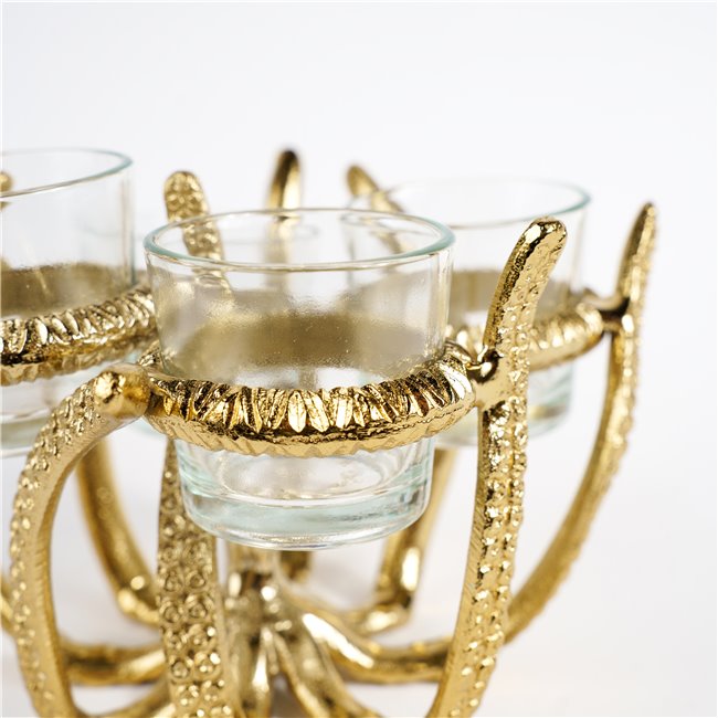 Candle holder Octopus, aluminum/glass, gold color, H13.5x17x17cm
