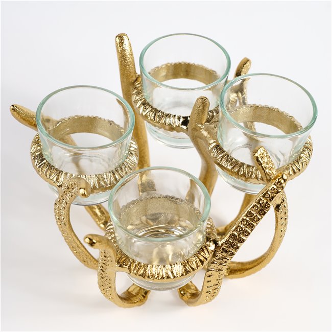 Candle holder Octopus, aluminum/glass, gold color, H13.5x17x17cm
