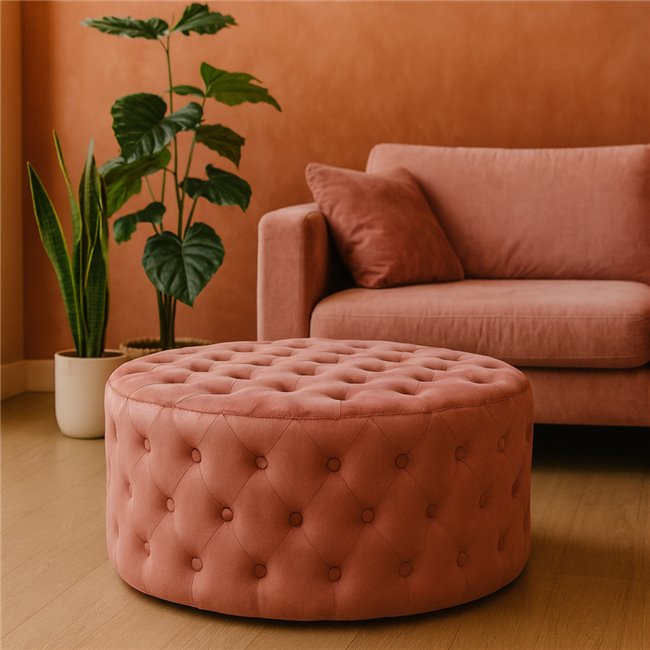 Round buttoned stool Lacelle, mauve color, velvet, D89cm H42cm