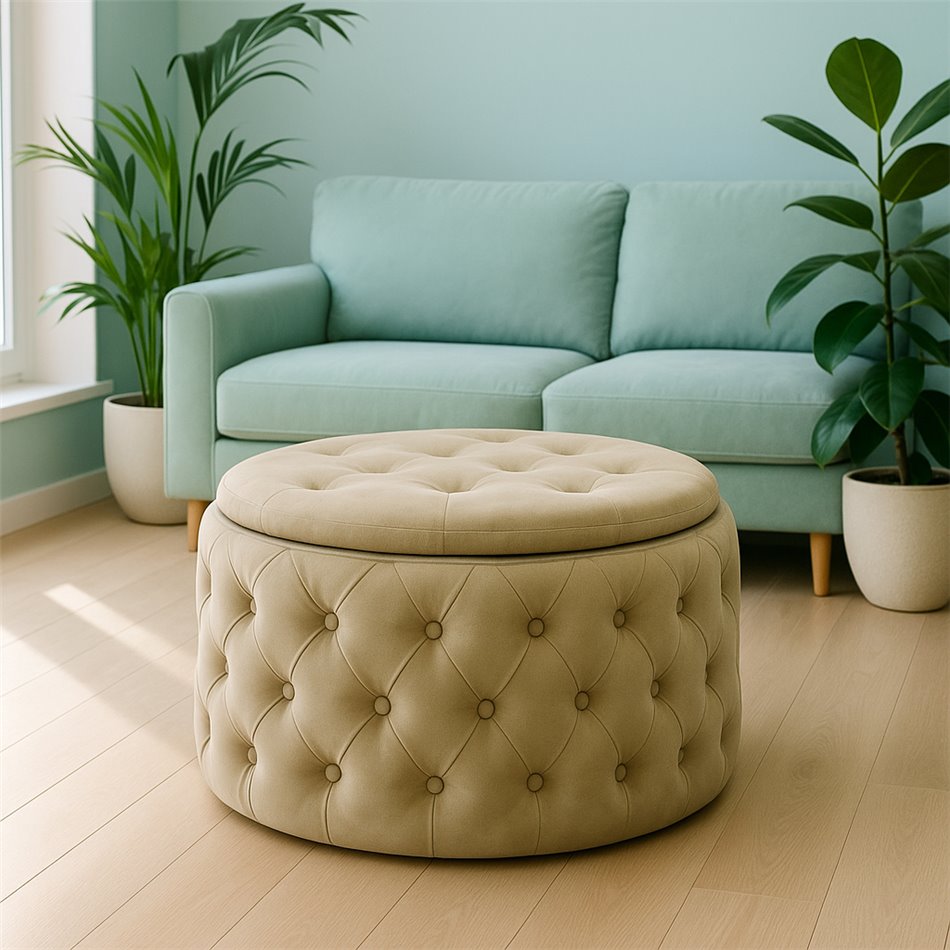 Pouf with storage Lailly Round, taupe,velvet, D60cm H42cm
