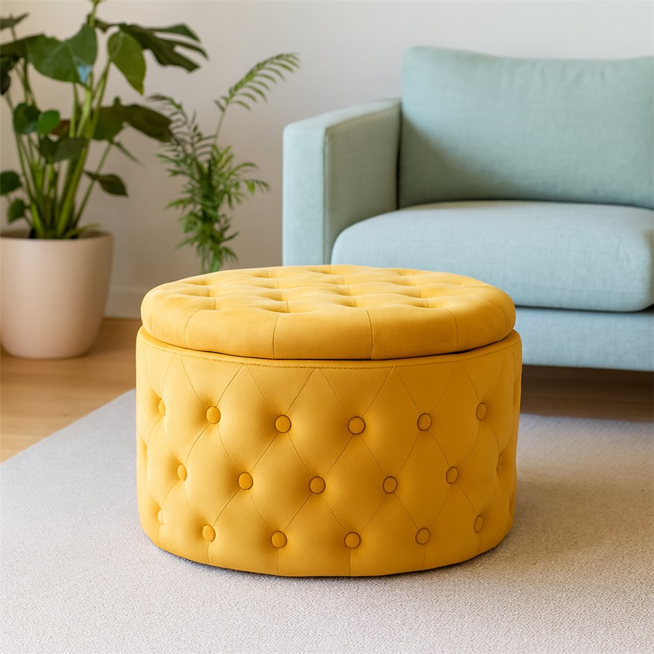 Pouf with storage Lailly Round, gold color, velvet, D60cm H42cm