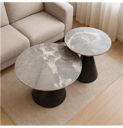 Coffee table set Wailly, 2 pcs., sintered stone/metal, D80cm H44cm, D60cm H50cm