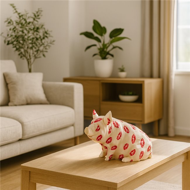 Money bank Squating pig, white/red, H12.5x17x11cm